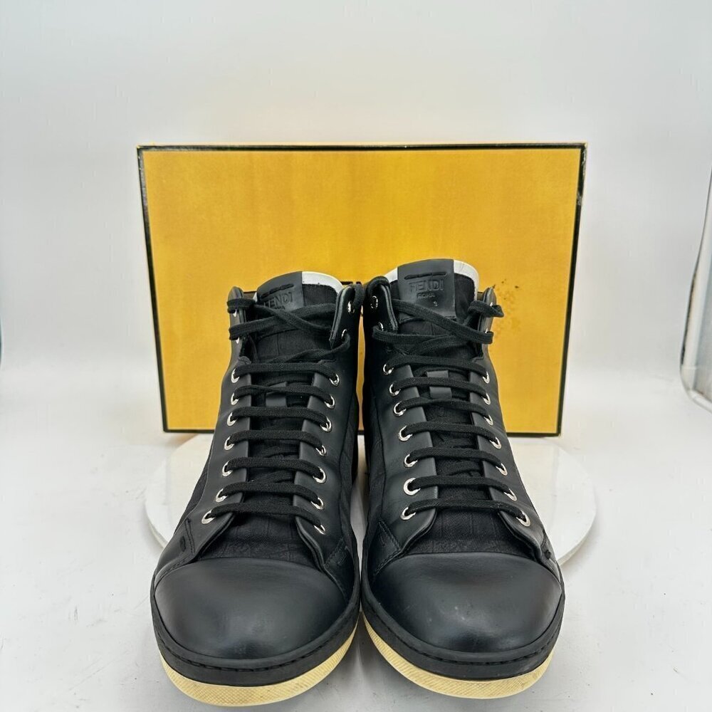 Fendi Men Size 9 Black Leather Printed High Top Lace Up Casual Shoes